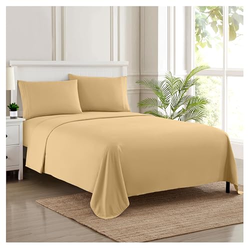 Image of Split King Sheets - Breathable Luxury Sheets with Full Elastic & Secure Corner Straps Built In - 1800 Supreme Collection Extra Soft Deep Pocket Bedding Set, Sheet Set, Split King Size, Camel