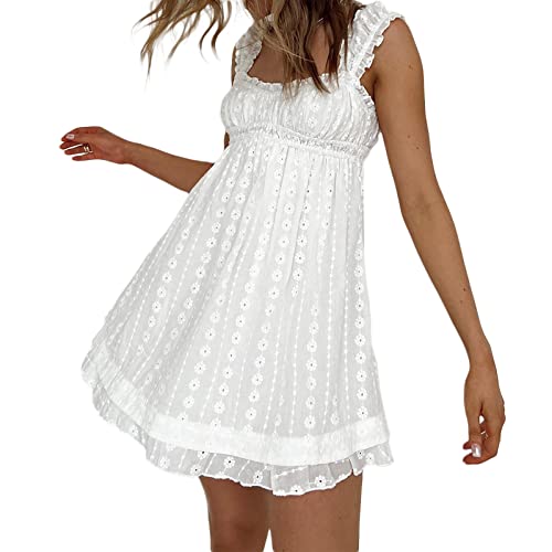 Women Square Neck Mini Dress Summer Sleeveless Floral Embroidery Frill Hem A-line Dress2