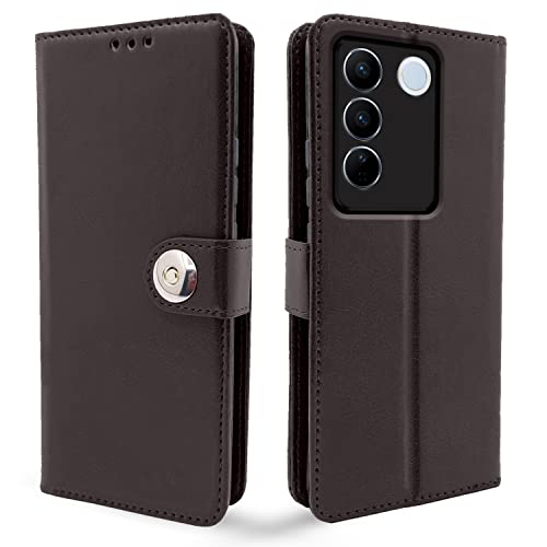 Image of Pikkme Vivo V27 5G Flip Cover Leather Finish | Inside TPU with Card Pockets | Wallet Stand and Shock Proof | Complete Protection Button Flip Case (Coffee)