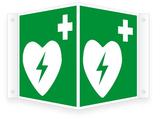 Nasenschild/Winkelschild | Defibrillator | Grün | 20 cm x 20 cm | Kunststoff | Rettungsschild | Schild | Wandmontage