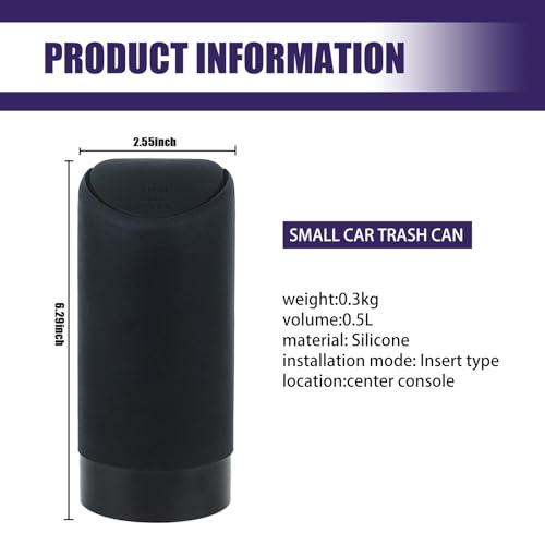 Image of 1 Pack Car Trash Can Replacement, Automatic Rebound Design, 2.5In x 6.2In Cylindrical Soft Silicone Automotive Storage Accessories, Universal Waterproof Vehicle Trash Bucket (Black)