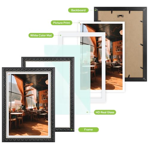 Image of Golden State Art, 12X18 Ornate Finish Photo Frame With White Mat for 11X17 Picture & Real Glass, Color: Black With Silver & Burgundy