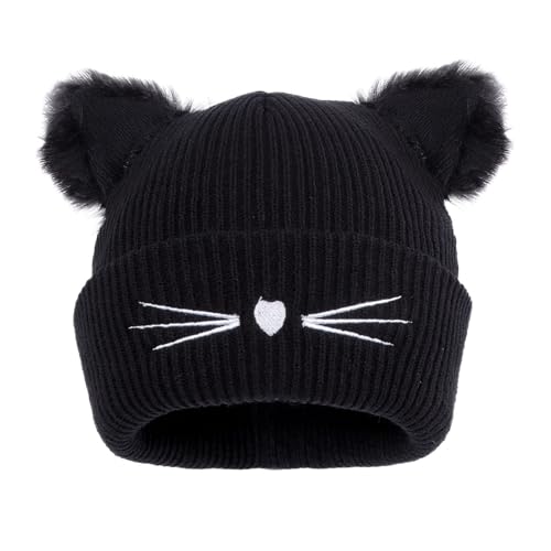LUCKYBUNNY Women Girls Cute Cat Ears Beanie Hat Winter Crochet Knit Cap, Classic Style - Black, One Size