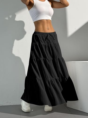 Image of Verdusa Women's Long Maxi Skirt Boho Flowy Flared Ruffle Skirts 2026 Beach Vacation Summer Going Out Outfits