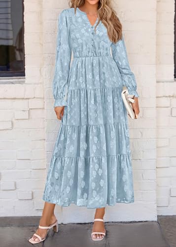 Image of KIRUNDO Spring Wedding Guest Dresses for Women 2026 Maxi Floral Long Sleeve Elegant Ruffle Tiered Flowy Party Long Dress