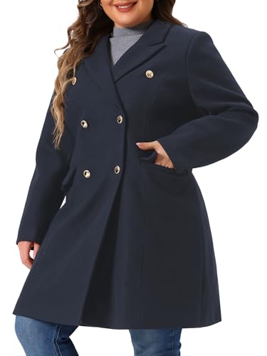 Image of Agnes Orinda Womens Plus Size Winter Pea Coat Double Breasted Notch Lapel Long Trench Coats Jackets Trendy Dressy 2025 3X Navy Blue