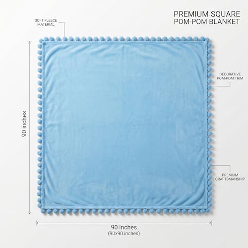 Image of SANMARINO 250 GSM Flannel Blanket for Double Bed | Ultra Soft Velvet Touch Throw Blanket with Decorative Pom Pom Fringe | Lightweight & Breathable All-Season /Mild Winter -228x228 cm,Aqua