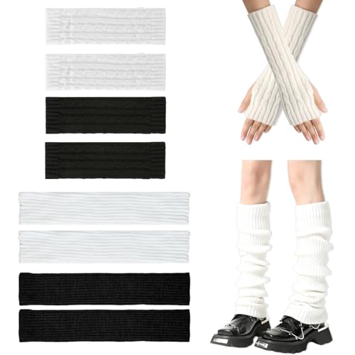 HTTDSLF 2Pares Calentadores de Punto para Piernas para Mujeres y Niñas (Negro&Crema), 2Pares Calentadores de Brazos, Guantes Mitones Sin Dedos de Manga Larga con Agujero para el Pulgar (Negro&Blanco)