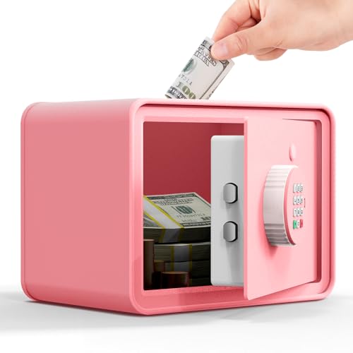 Kids Mini Safe Small Cash Box GoldenKey Pink Macaron 7x9.4x6.3 Money Security Safe with Coin & Bill Slot Keypad & Key Lock USB Backup DIY Stickers Piggy Bank for Home