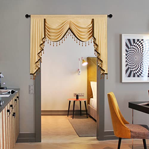 Elkca Jacquard Waterfall Valance With Luxury Beads Beige Window Curtains Valance For Living Room,Rod Pocket,1 Panel (Beige,W59) #TOP6