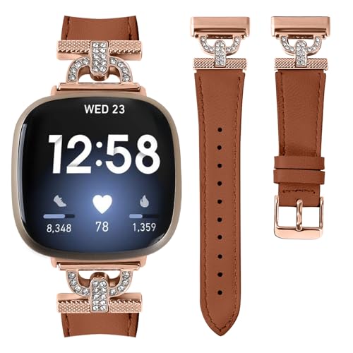 Luxe Leather Bands Compatible With Fitbit Versa 4/Versa 3/Sense 2/Sense Bands For Women D-shaped Bling Metal Buckle Replacement Straps.