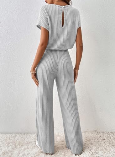 Happy Sailed Wide Leg Jumpsuits For Women Casual Loose One Piece Outfits Short Sleeve Crewneck Knit Ribbed Stretchy Long Romper Fashion 2024 Grey Small thumb #1