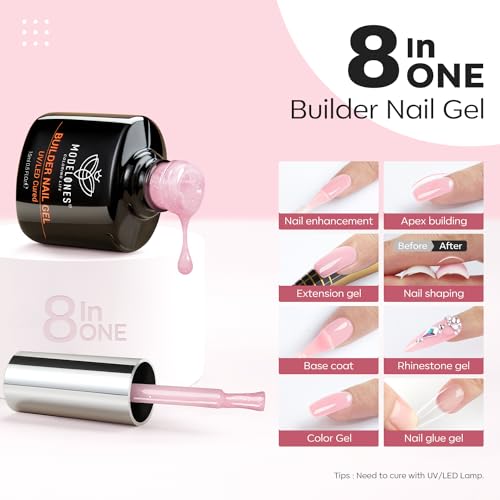 Image of modelones Builder Nail Gel, 8-in-One Nude Pink Shimmer Builder, Glitter Sparkle Rainbow Nail Gel Polish, Jelly Pink Iridescent LED Lamp Cured Hard Rubber Color Base for Home DIY Salon Girls