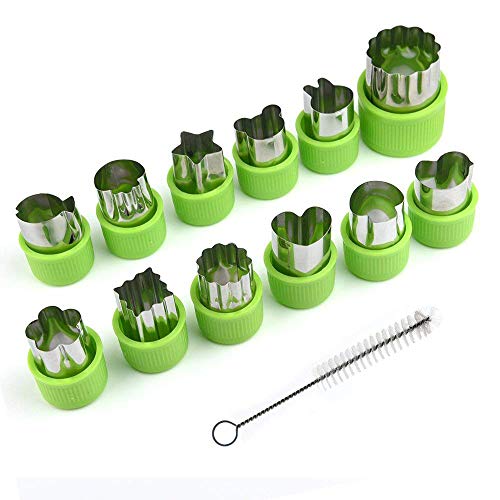 KUUQA Vegetable Cutter Shapes Set Flower Star Cartoon Animals Fruit Mold Decorating Tools for Cookies Fruit Decoration Kids Baking Craft Supplies with Cleaning Brush,12PCS