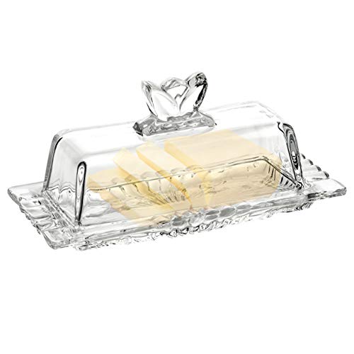Bezrat Glass Butter Dish | Premium Butter Dish with Lid and Easy Grip Handle | Easy to Use and 100% Food Safe - Dishwasher Safe | Flower Addition