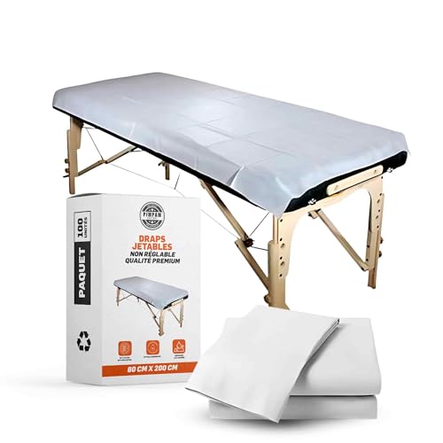 PimPam Factory - Drap Jetable Table Massage Non Réglable - 80x200 cm - (Pack de 100) - Fabriqué En Matériau SMS - Drap Usage Unique Hypoallergénique - Répulsif liquide Pour Salons De Beauté.