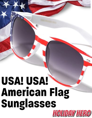Holiday Hero USA Sunglasses, Free Case, Packs of 1-25, American Flag Sunglasses for Men Women, UV protection July 42