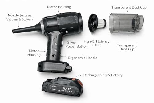 Image of 2-in-1 Cordless Vacuum and Blower Cleaner, 18V Rechargeable Battery, Black Handheld with Transparent Dust Cup, High-Efficiency Filter, Multiple Attachments