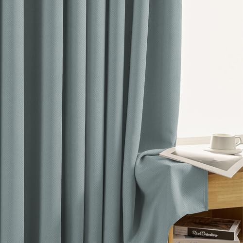 Image of LINENWALAS 100% True Blackout Curtains 5 Feet Long 1 Panel, Embossed Herringbone Design, Complete Light Blocking, Thermal Insulated & Noise Reducing Room Darkening Curtains for Window (Silver Blue)