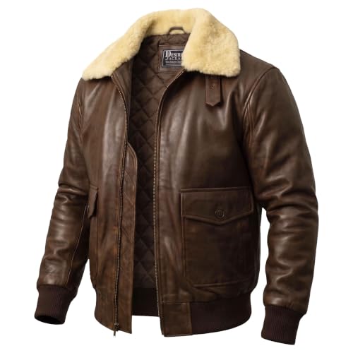 Image of Mens G-1 Fur Collar US Navy Flight Distressed Brown Aviator Genuine Leather Jacket