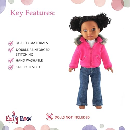 Emily Rose 14 Inch Doll Clothes Clothing Accessory | 3 PC Faux Fur Collar 14" Doll Coat Jacket Outfit with White T-Shirt Tee and Blue Jeans | Compatible with 14.5" Wellie Wishers Fashion Dolls - Thumbnail 3