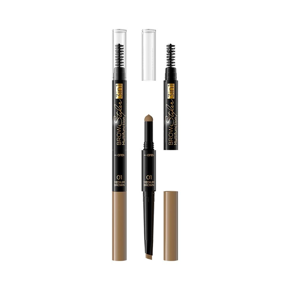 Eveline Cosmetics Brow Styler 3-in-1 Durable Multifunctional Eyebrow Pen | Medium Brown Eyebrow Make Up | Precision Brush | Natural Effect | Powder with Applicator