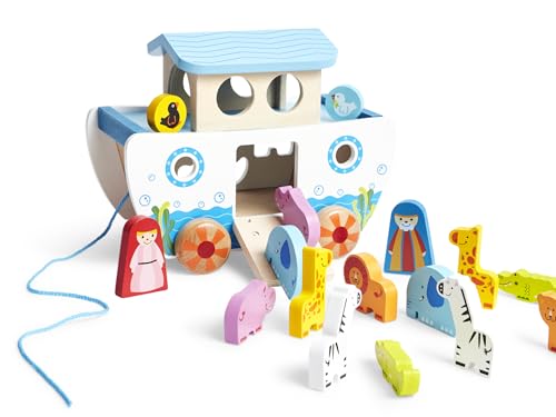 Hape Nachzieh-Arche &ndash; Holzspielzeug zum Nachziehen f&uuml;r Kinder, Lernspielzeug f&uuml;r Motorik und Koordination, Sortierbox mit Tierfiguren, Nachziehspielzeug f&uuml;r Kinder ab 12 Monaten