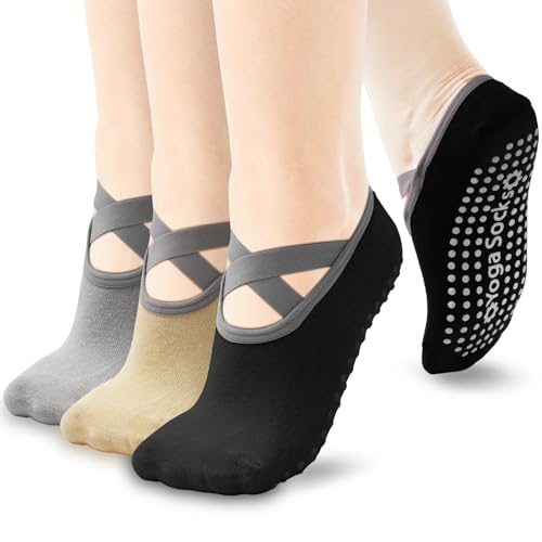 Non-Slip Yoga Socks for Women Grip Straps Socks for Pilates, Pure Barre, Ballet, Dance, Barefoot Workout（3Pairs）