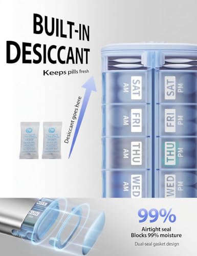 Image of Vaydeer Metal 7 Day Pill Organizer 2 Times a Day - AM PM Weekly Travel Pill Case with Moisture-Proof Desiccant, Airtight Large Capacity Pill Box for Vitamins, Medications & Supplements (Silver)
