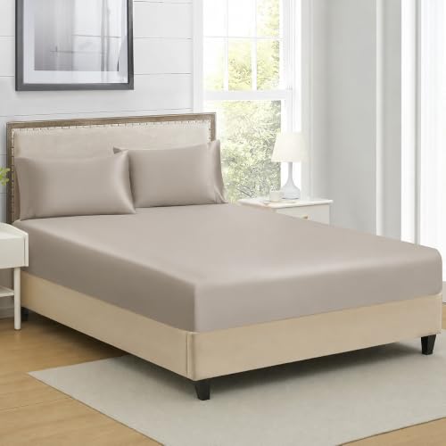Image of RD TREND Microfiber Satin Weave Fitted Bedsheet King Size 78x72x10 Inch, Elastic Bedsheets for King Size Bed with 2 Pillow Covers-18x28 Inch (Silver)