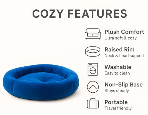 Image of Round Donut Dog Bed - Washable Plush Cushion Pet Bed with Raised Rim Support, Non-Slip & Cozy Sleeping Mat for Cats, Puppies & Small Dogs (19x19 Inch, Blue)