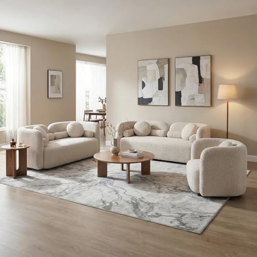 Image of 3PCS Sofa Set for Living Room, Boucle Sofa Set with 1 Three-Seater Sofa, 1 Loveseat Sofa and Accent Chair, Minimalist Couch Set, 6 Seater Living Room Furniture Sets for Home Office (Beige)