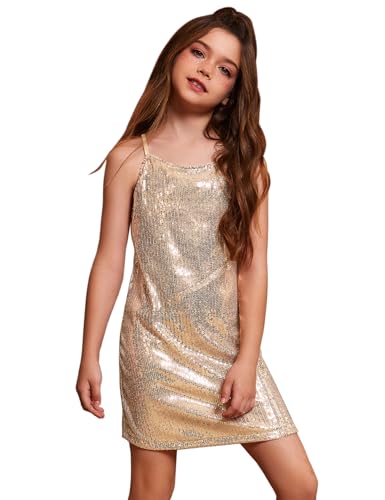 Perfashion Girls Sequin Dress Adjustable Spaghetti Strap Pencil Cami Midi Bodycon Dress Sparkly Party 6-15Y