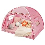 Dayacoco Large Toddler Bed Tent, Twin Kids Tent Indoor, Bed Canopy for Kids with Flags & Star Lights, Portable & Foldable Teepee Playhouse Outdoor, 78.7x39.4x47.2in, Pink