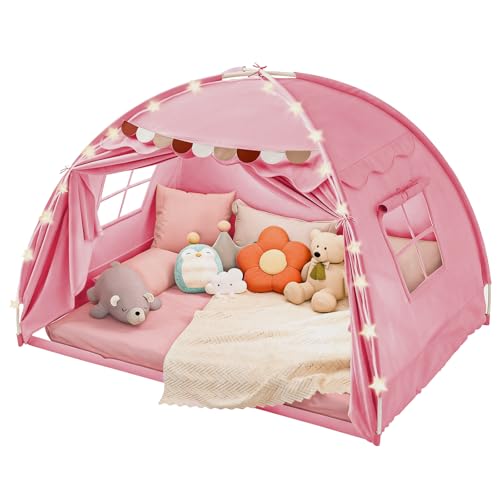 Dayacoco Large Toddler Bed Tent, Twin Kids Tent Indoor, Bed Canopy for Kids with Flags & Star Lights, Portable & Foldable Teepee Playhouse Outdoor, 78.7x39.4x47.2in, Pink