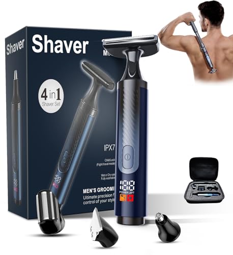 WUXO Back Shaver for Men, USB-C, Electric Groin Hair Trimmer Ultra-Wide 2" T-Shaped Head LED Display, 4 in 1 Kit with Long Handle, Safety Lock, IPX7 Wet/Dry, Multi-Functional Back Trimmer,(Blue)