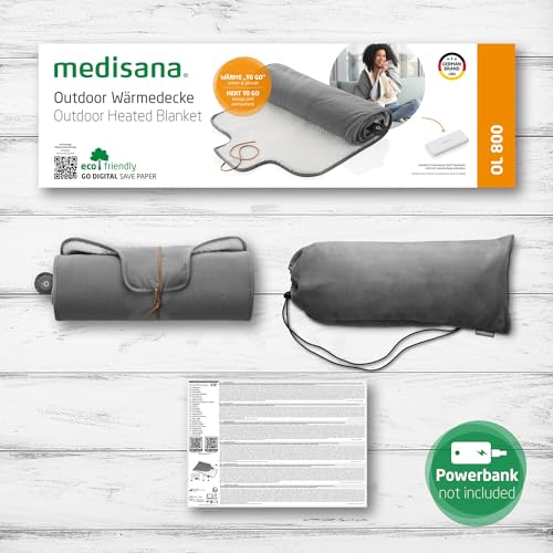 medisana OL 800 Outdoor Wärmedecke, kabellose Heizdecke mit 3 Temperaturstufen für unterwegs, mit weichem Flauschigen Material, kompakt aufrollbar und mit Aufbewahrungsbeutel