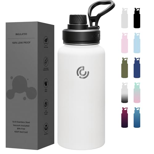 COKTIK 32 oz Sports Water Bottle With Straw,3 Lids, Stainless Steel Vacuum Insulated Water Bottles,Leakproof Lightweight, Keeps Cold and Hot, Great for Travel, Hiking, Biking, Running (White)