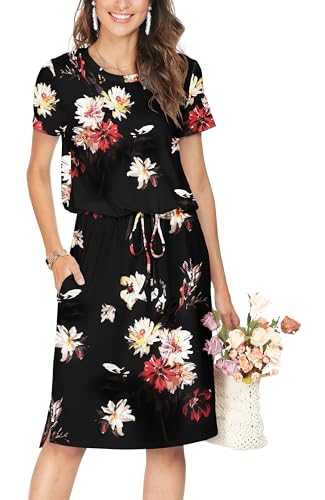 Image of Simier Fariry Women Summer Modest Teacher Travel Work Casual Midi Dress Spring Knit Short Sleeve Clothes Black Floral L