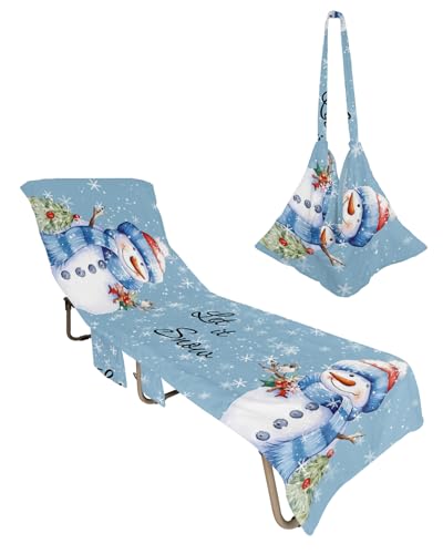 Christmas, Beach Lounge Chair Towel Cover, Soft Chaise Lounge Towel with Side Pockets Patio Pool Chairs Cover for Beach/Pool Sunbathing 29x85 Winter Snowflake Snowman Blue Watercolor