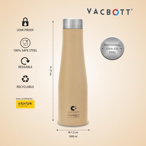Image of Clay Craft Vacbott Petra Single Walled Non Insulated Water Bottle, 1000 ml - 1 Piece (Beige) Steel Water Bottles for School, Office, Home, Gym, Water Bottle for Men Leakproof, Rust Free Steel Bottle