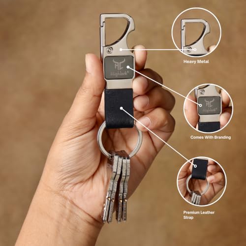 Image of Heavy Duty Metal Carabiner Keychain with Leather Strap for Men & Women | Premium Belt Clip Key Holder | Secure Spring Lock Key Ring for Car, Bike & Office Keys