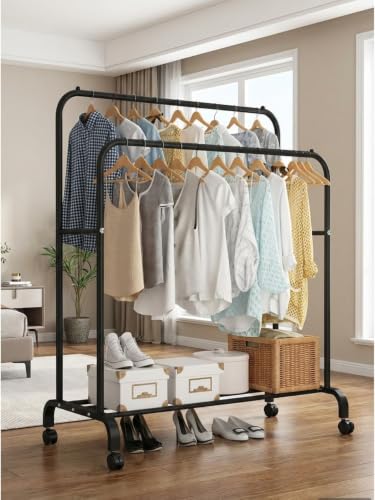 Image of HIWARE Metal Multifunctional Garment Stand Cloth Rack Freestanding Storage Organizer Stainless Steel Spider Strainer Ladle, 5.4 Inch - 150 x 110 x 40 CM ((Rail-Black)