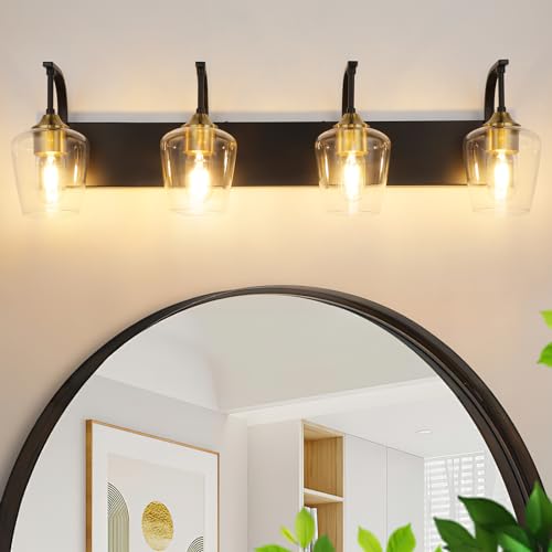 Foucasal Black Bathroom Light Fixtures - 4-Light Vanity Light with Clear Glass Shades, 33.07'' Industrial Gold Wall Lights for Bedroom Hallway Living Room Kitchen