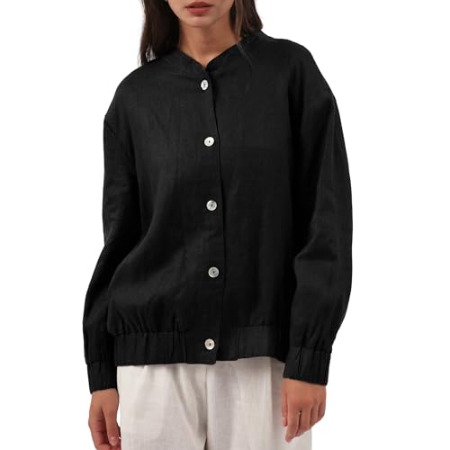 Amazhiyu Womens Linen Button Down Bomber Jacket Long Sleeve Casual Coat for Fall