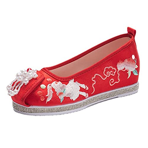 Spring Women Flats Beads Embroidered Cloth Shoes Female Hanfu Shoes Woman (Color : Red, Size : 9 Code) (Red 6 Code)