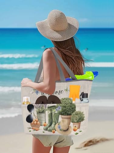Beach Bags Women Mesh Tote Bag Vintage Farmhouse Egg Carrot Hat Boot Toy Grocery Pool Bag with Pockets for Travel/Picnic3