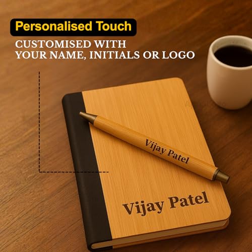 Image of Personalised Diary and Pen Set with Name or Logo with Gift Box | Bamboo Cover Diary and Pen Eco-Friendly Set | Customized Corporate Gift, Executive Office Gift, Birthday Gift for Men & Women
