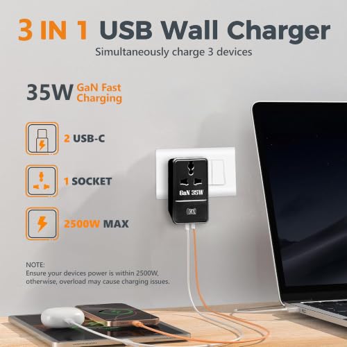 Image of MX 35W Universal Travel Adapter UK Plug, Dual USB-C PD Ports,GaN Fast Charger International Plug Adapter with Universal AC Socket for Laptop, MacBook, iPhone, Samsung Galaxy, iPad, Tablet - Black