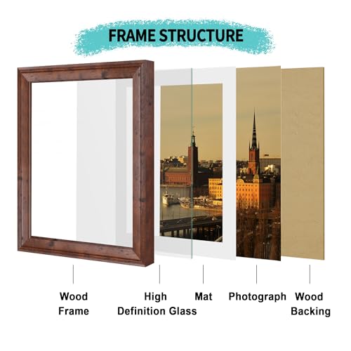 Image of iRahmen 10x12 Vintage Picture Frame with Mat 8x10 - High Definition Real Glass Wooden Photo Frames for Tabletop Display and Wall Mounting (Brown, Set of 4)